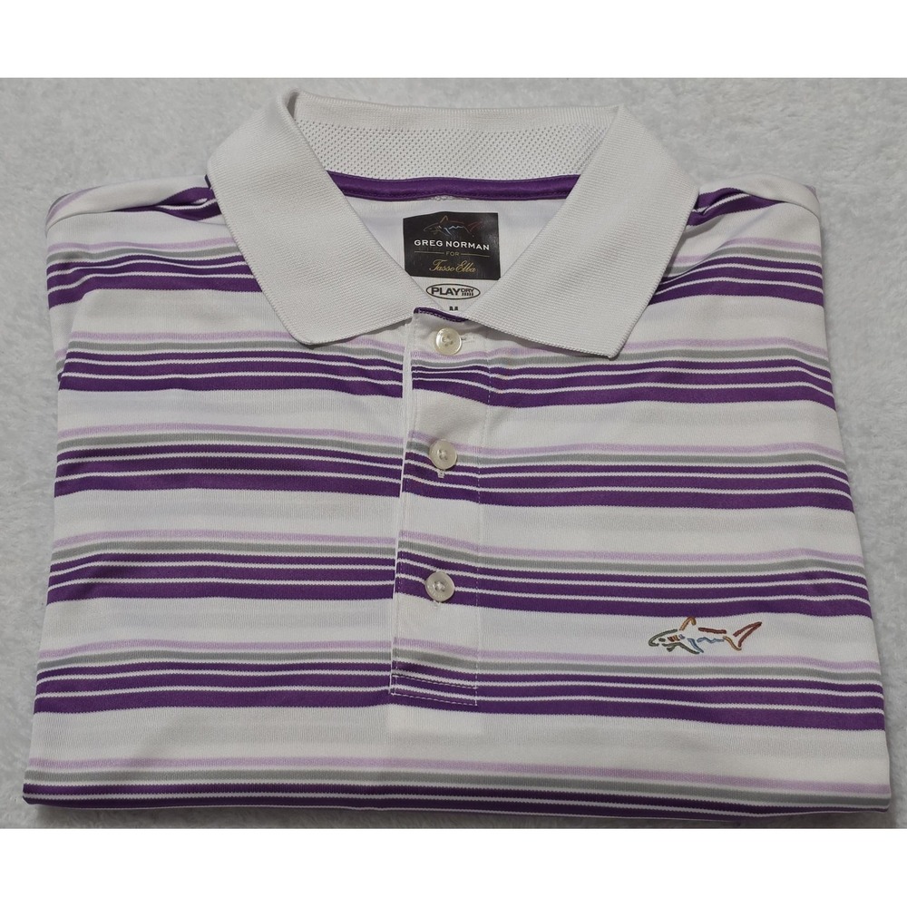 Greg Norman Shirt Mens Medium Polo White Purple Stripe Tasso Elba Golf